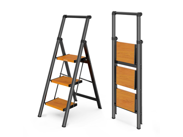 3 Step Ladders for Home, 300lbs Load, 26'' Top Step, BK/Wood Grain 8ft Reach; For Closets, Kitchens; Anti-Slip Feet Suit Wood, Tile, Carpet; Rigid...