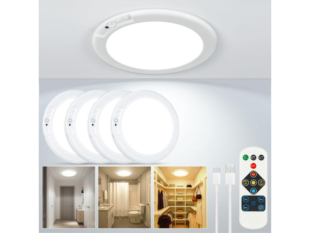 Wireless Rechargeable Ceiling Light, Motion Sensor Light Indoor with Remote 4 Packs Battery Operated Led Night Lights for Bedroom Hallway, Living...