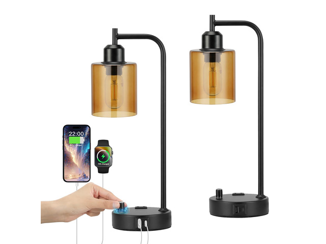 Industrial Bedside Lamps for Nightstand Set of 2 - Fully Dimmable Bedroom Lamps with USB A C Ports and Outlet, Black Table Lamps with Amber Glass...