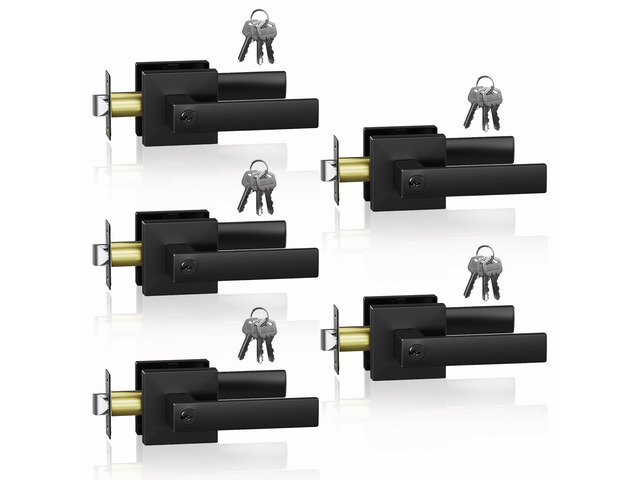 Matte Black Door Handle Heavy Duty, Different Keys Entry Door Lever Door Knobs with Lock and Key, Square Door Lever for Bedroom, Bathroom and Front...