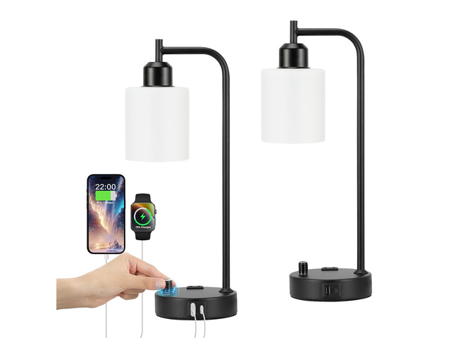 Industrial Bedroom Lamps for Nightstand Set of 2 - Fully Dimmable Bedside Lamps with USB A C Ports and Outlet, Black Table Lamps with Opal Glass...