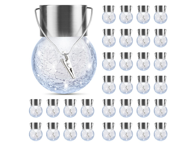32 Pack Hanging Solar Lights Outdoor, Waterproof Solar Globe Lantern with Handle and Clip, Decorative Cracked Glass Ball Lights for Christmas...