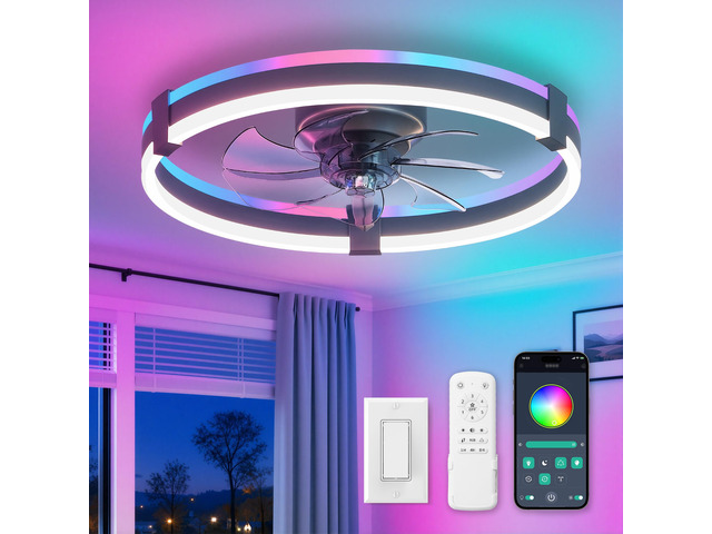 20' RGB Low Profile Ceiling Fans with Lights and Remote, Grey Custom RGB+3CCT Dimmable, 6 Speeds, Remote/App Control, Reversible DC Motor, Memory,...