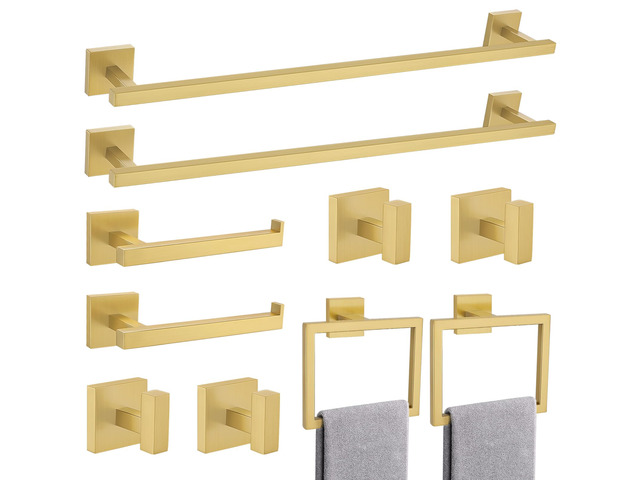 Brushed Gold Bathroom Hardware Accessories Set 10 Pieces, 23.6' SUS304 Stainless Steel Towel Bar Set Wall Mounted Includes Single Towel Bar, Towel...