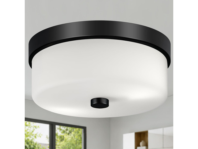 Black Flush Mount Ceiling Light Fixtures, 2-Light Ceiling Mount with Milky White Glass Lampshade, Industrial Flush Mount Light Fixture Farmhouse...