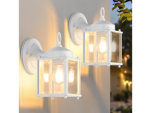 Outdoor Wall Lantern, Exterior White Waterproof Wall Sconce Lighting Fixtures, Front Door Wall Lights with Clear Beveled Glass Shade, 2 Pack