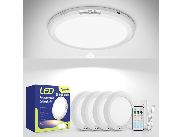10000mAh Rechargeable Ceiling Light Waterproof Shower Light 4 Pack Battery Powered Motion Sensor Lights with Remote 3000K/4000K/6000K Dimmable,...