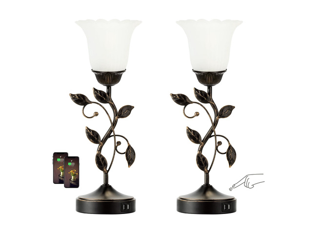Set of 2 Touch Bedside Vintage Lamps with 2 USB C+A 3-Way Dimmable Flower Lamps, White Glass Shade Rustic Leaf Lamp for Bedroom Side Table, LED...