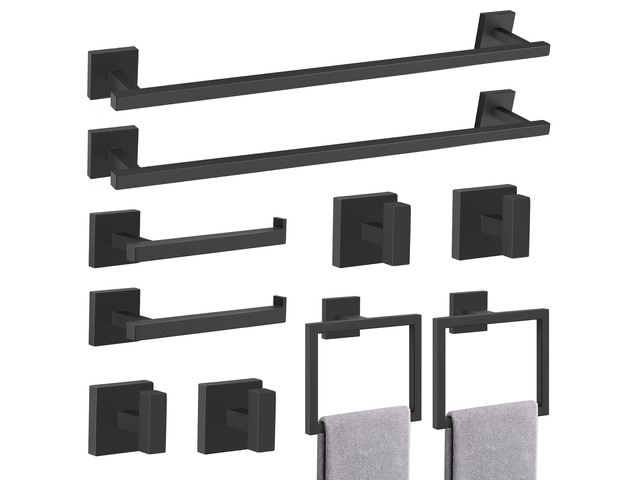 Matte Black Bathroom Hardware Accessories Set 10 Pieces, 23.6' SUS304 Stainless Steel Towel Bar Set Wall Mounted Includes Single Towel Bar, Towel...