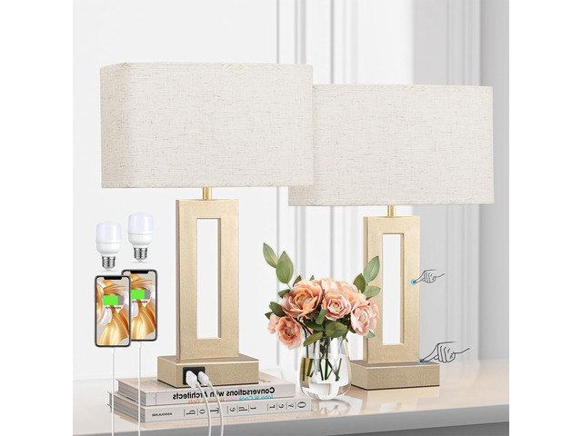 Bedroom Table Lamps Set of 2 - Beige Gold Touch Bedside Lamps with USB C+A, 3 Way Dimmable Gold Lamp for Nightstand, Modern Night Stands Lamps for...