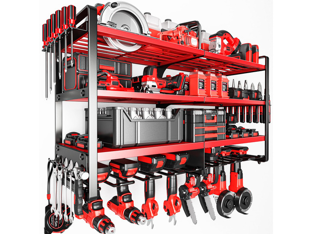 Upgrade Large power tool organizer Wall Mount,4 Layers Heavy Duty Metal Loads 400lbs Power Tool Hanger Shelf Battery Storage with 8 Cordless Drill...