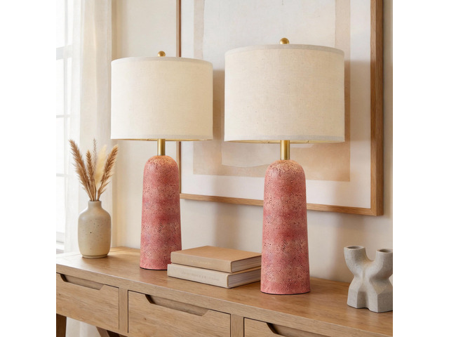 27.25' Modern Table Lamp Set of 2, Red Resin Table Lamps with Stone Look, Lamps for Living Room with Linen Shades, Bedside Lamps for Bedroom...