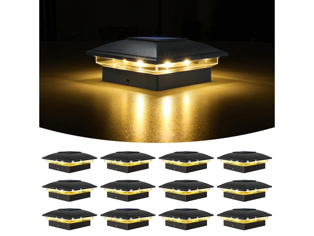 Black Solar Post Cap Lights, Warm White Fence Lights 12 Pack Solar powered waterproof lamps fit 4x4/6x6 wooden & 4x4/5x5 vinyl posts for garden,...