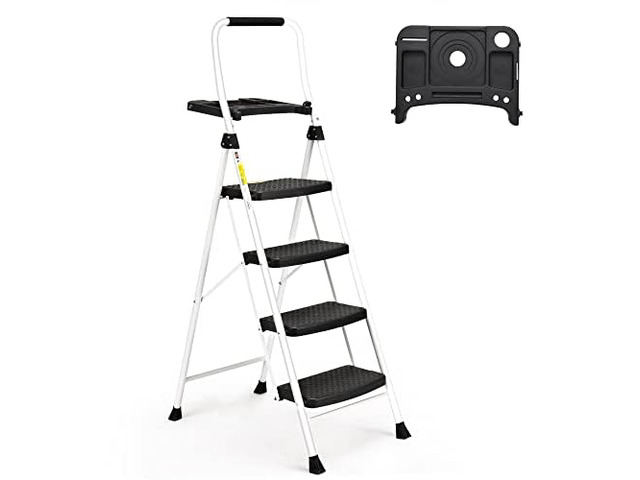 4 Step Ladder, Folding Step Stool with Tool Platform, Sturdy& Portable Steel Ladder for Adults, 330LBS Capacity Ladder for Home Kitchen Pantry Office