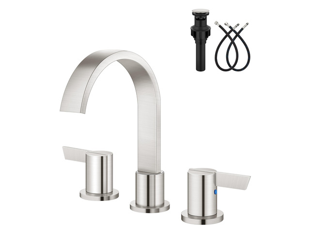 Brushed Nickel 3 Hole Bathroom Faucet,8' Widespread Vanity Faucet 2 Handle Waterfall Bathroom Sink Faucet with Pop-Up Drain,Supply Lines,360°...