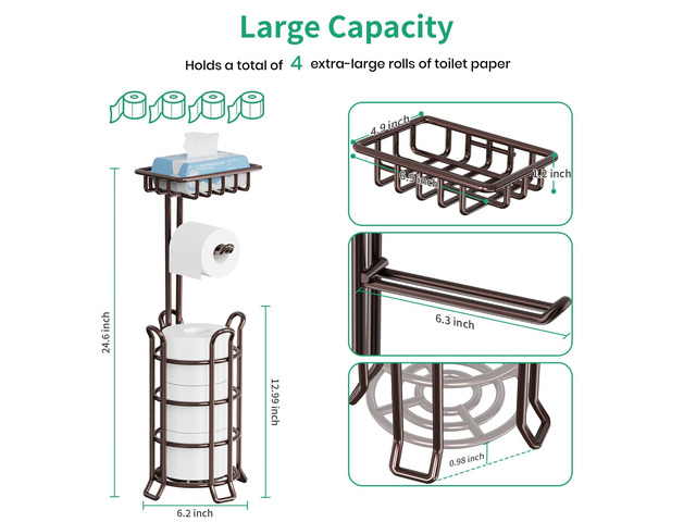 Toilet Paper Holder Free Standing with Shelf, Stable 4 Raised Feet Stores 4 Mega Rolls, Tool-Free Assembly, Powder-Coated Metal Frame, Bathroom...