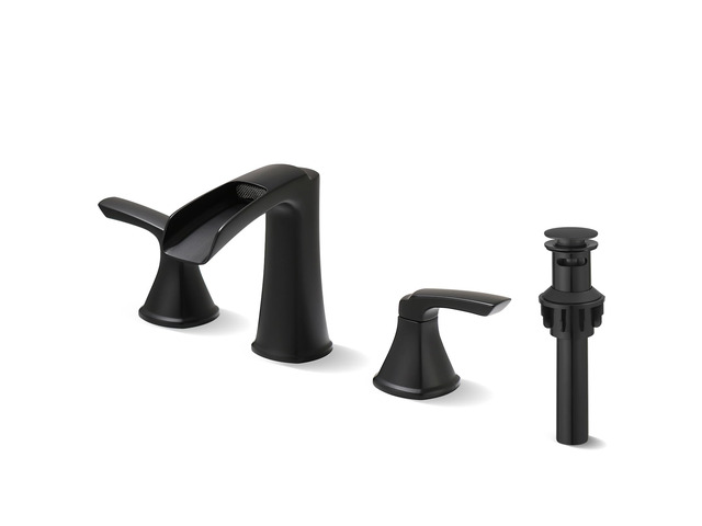 Black Bathroom Faucet 3 Hole, Waterfall 8 Inch Widespread Bathroom Sink Faucet with Pop-up Drain, Two-Handle Faucet for Bathroom Sink