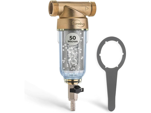 WSP-50SLS Spin Down Sediment Filter & Scale Inhibitor, 50 Micron Whole House Prefilter, Mesh Cleaning Scraper Beads, Scale and Corrosion...