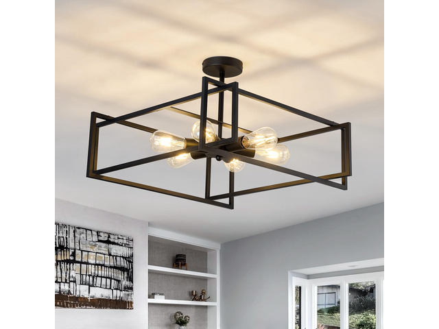 6-Lights Close to Ceiling Light 22.83 Inch Black Light Fixture Industrial Flush Mount Ceiling Large Farmhouse Chandelier Lighting for Kitchen...
