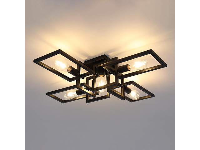 Black Industrial Semi Flush Mount Ceiling Light 5-Light Kitchen Light Fixtures Modern Large Matte Sputnik Chandelier for Dining Room Bedroom...