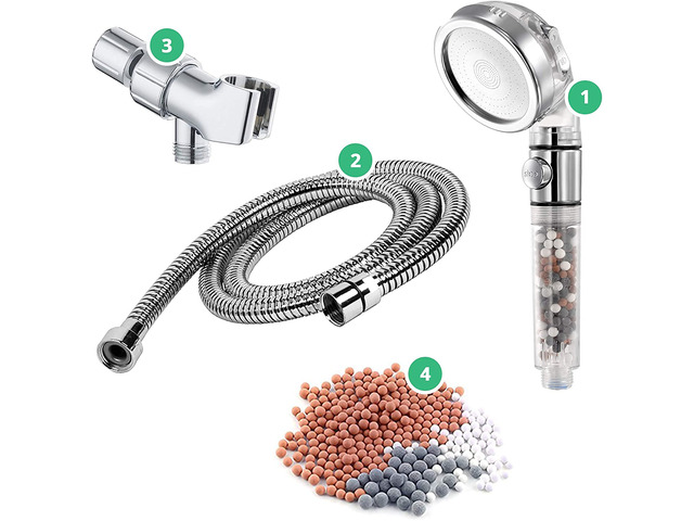 Original EcoPower High Pressure Handheld Shower Head with ON OFF switch- 3 Spray Settings with Hose, Wall Adapter and Replacement Beads