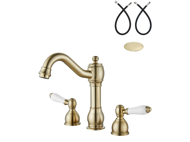 Widespread Bathroom Sink Faucet 3 Hole White Lever Brushed Gold Vintage 8 Inch Brass Sink Faucet,2 Ceramic Handle,Pop Up Drain,cUPC Hose,for...