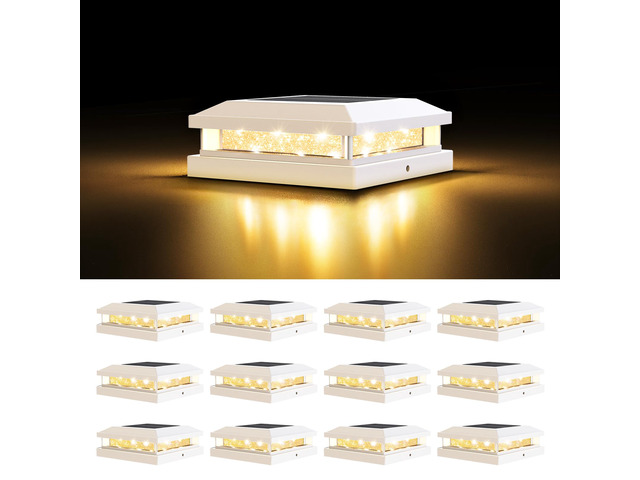 4x4 5x5 Solar Post Cap Lights Outdoor 12-Pack White for Vinyl/Wooden Post, 16LEDs, Warm/Cool White, Waterproof, Solar Powered Fence Post Lights for...