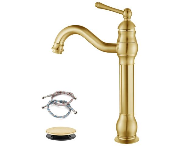 Vintage Bathroom Vessel Sink Faucet, Brushed Gold, with Drain Tall Bathroom Faucet 1 Hole Single Handle, 360° Swivel Spout, cUPC Water Lines,...