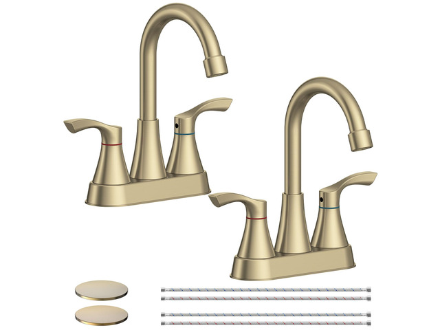 2 Pack Brushed Gold Bathroom Faucet 3 Hole 4 Inch Bathroom Sink Faucets Stainless Steel 2 Handle Centerset Faucet for Bathroom Sink Vanity with Pop...