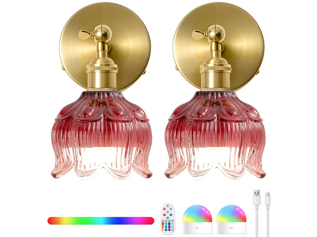 Vintage Battery Operated Wall Sconce: Set of 2 Red Flower Powered Sconces 5000mAh Rose Glass Cordless Mounted Lighting, Rechargeable Dimmable...