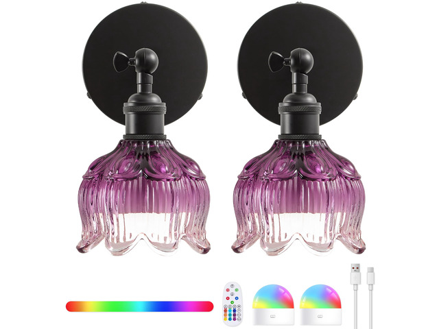 Vintage Battery Operated Wall Sconces: Gothic Wireless Rechargeable Light 5000mAh Dimmable Powered Sconce Remote Control, Set of 2 Cute Purple...