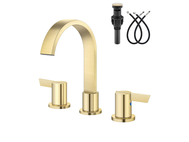 Brushed Gold 3 Hole Bathroom Faucet,8' Widespread Vanity Faucet 2 Handle Waterfall Bathroom Sink Faucet with Pop-Up Drain,Supply Lines,360° Swivel...