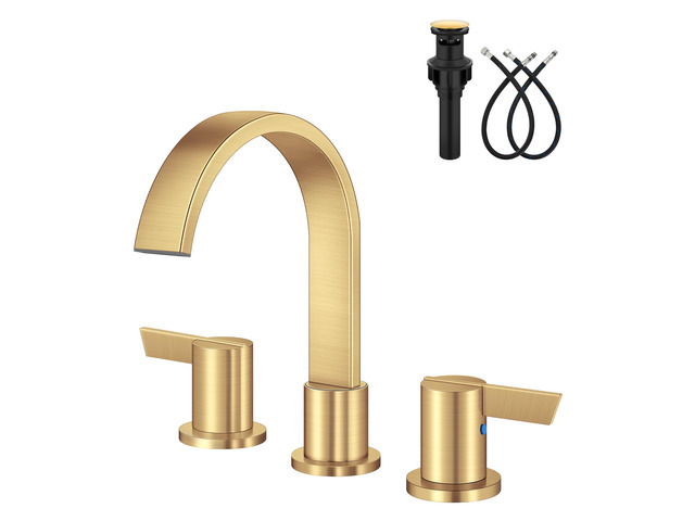 Gold 3 Hole Bathroom Faucet,8' Widespread Vanity Faucet 2 Handle Waterfall Bathroom Sink Faucet with Pop-Up Drain,Supply Lines,360° Swivel...