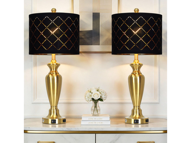 30' Tall Gold Table Lamps Set of 2 for Living Room & Bedroom Touch Control, USB-A & USB-C Charging Ports and AC Outlet, 3-Way Dimmable, Black Grid...