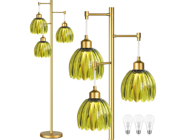 Vintage Floor Lamps for Living Room-3 Light Gold Floor Lamp with Three Bulbs & Glass Lampshape,Glass Mid Century Modern Standing Lamp Tree Tall...
