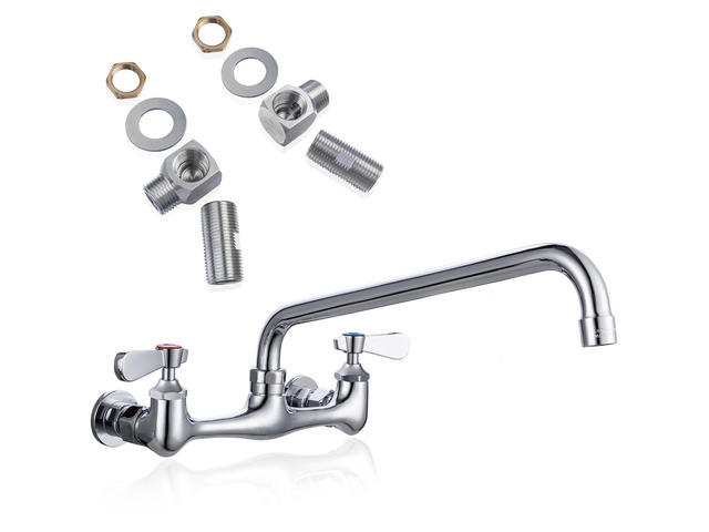 8' Center Wall Mount Commercial Kitchen Sink Faucet with 12' Spout Brass Construction with Chrome Finish, 1.8 GPM Stainless Swivel Spout, Leak-Free...