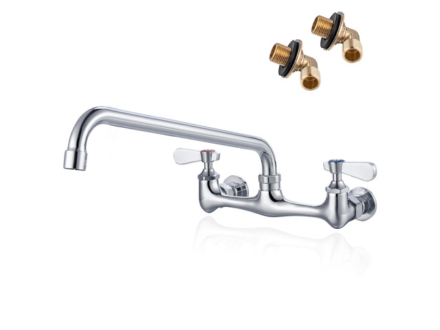 8' Center Wall Mount Commercial Kitchen Sink Faucet 12' Swivel Spout 2 Hole Solid Brass 3 Compartment Sink Faucet, Ceramic Cartridg, 1.8 GPM Swivel...