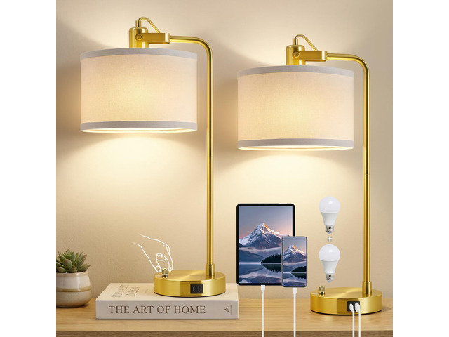Gold Table Lamp Set of 2, USB A+C, 180° Adjustable Bedside Lamps, Dimmable Bare Bulb Compatible, Industrial Nightstand Lamp with Linen Lampshade,...
