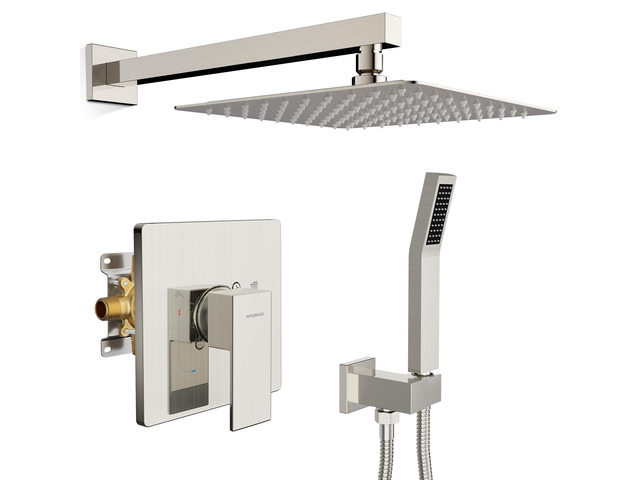 Shower System 10-Inch Rainfall Shower Head Brushed Nickel Wall-Mounted Shower Faucet Set with Handle Solid Brass Valve and Trim Kit Included for a...