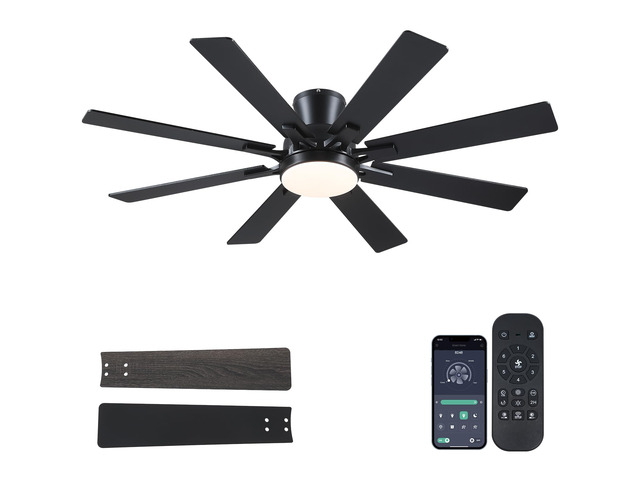 52 Inch Ceiling Fans with Lights Flush Mount Indoor Outdoor Black Modern Low Profile Ceiling Fan with Remote/APP for Bedroom Living Room, Quiet DC...