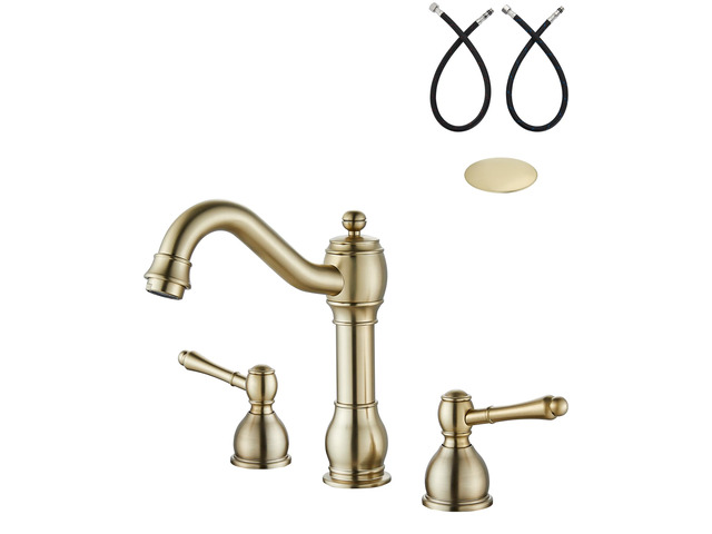Widespread Bathroom Sink Faucet 3 Hole Metal Lever Brushed Gold Vintage Brass Sink Faucet,2 Handle,Pop Up Drain,cUPC Hose,for 8 Inch,6-16Centerset...