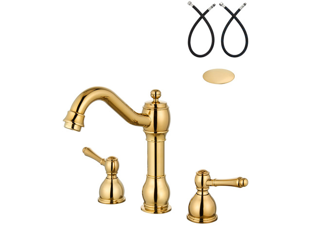 Widespread Bathroom Sink Faucet 3 Hole Metal Lever Polish Gold Vintage Brass Sink Faucet,2 Handle,Pop Up Drain,cUPC Hose,for 8 Inch,6-16Centerset...