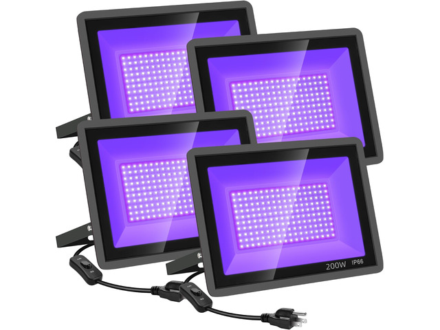 200W 4 Pack LED Black Light, Outdoor Blacklight Flood Lights with Plug and Switch, IP66 Rated for Glow in The Dark, Halloween Party, Body Paint,...