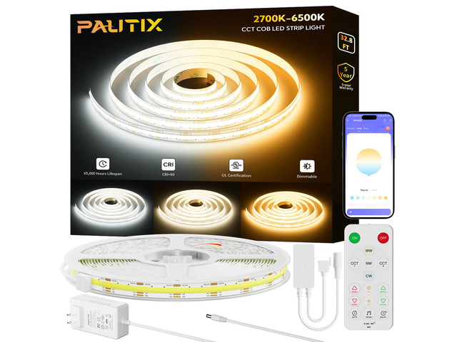 COB LED Strip Light White CCT Tunable 32.8ft/10m,UL-Listed 6400LEDs Dimmable 2700K-6500K CRI90+ 24V LED Tape Light Kit with APP Control/Music...