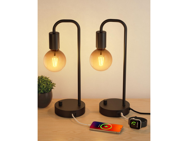 Industrial Table Lamp Set of 2 with USB C & A Charging Port, Stepless Dimmable Nightstand Bedside Lamps for Bedroom,Desk Lamps with 2700K Black...