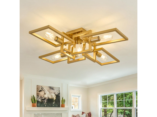 Semi Flush Mount Ceiling Light 5-Light Gold Kitchen Light Fixtures Modern Large Matte Sputnik Chandelier for Dining Room Bedroom Farmhouse Living Room