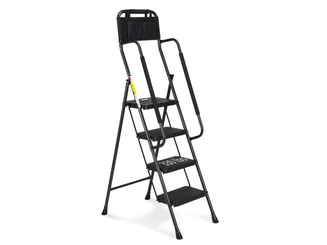 Step Ladder with Handrails, 4 Step Ladder with Attachable Tool Bag Anti-Slip Wide Pedal for Home Kitchen Pantry Office, Black