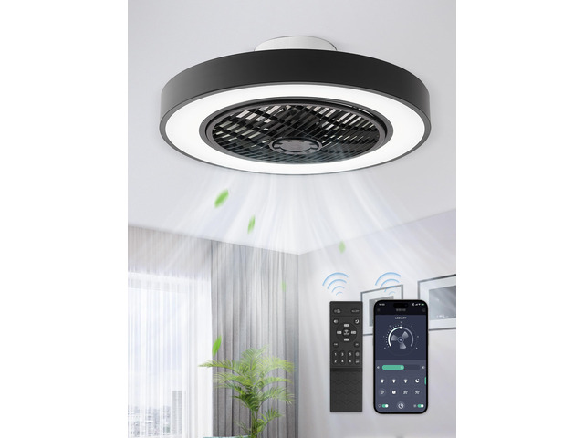 20 Inch Low Profile Bladeless Enclosed LED Ceiling Fan Light, Black Flush Mount, Modern, 6 Speed Adjustable, 3000-6000K Dimmable, 3000LM, Indoor...