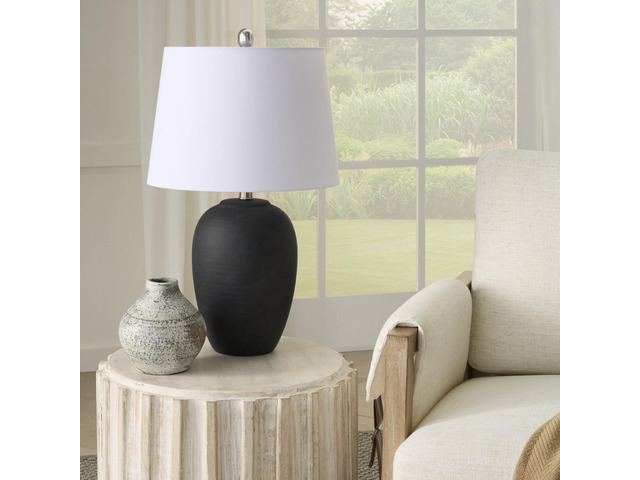 Home 23' Black Vintage Distressed Ceramic Pot Table Lamp for Bedroom, Living Room, End Table, with White Tapered Drum Shade