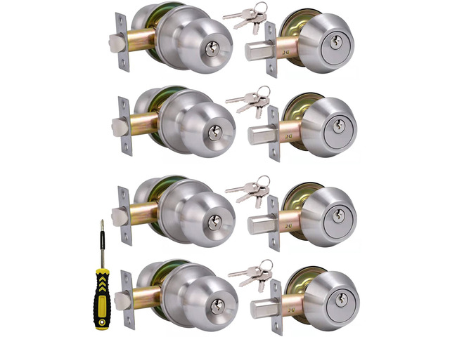(4 Sets) All Keyed Same Entry Door Knob and Single Cylinder Deadbolt Combo Set, Satin Nickel Exterior Door Knobs with Lock and Keys for Entrance...